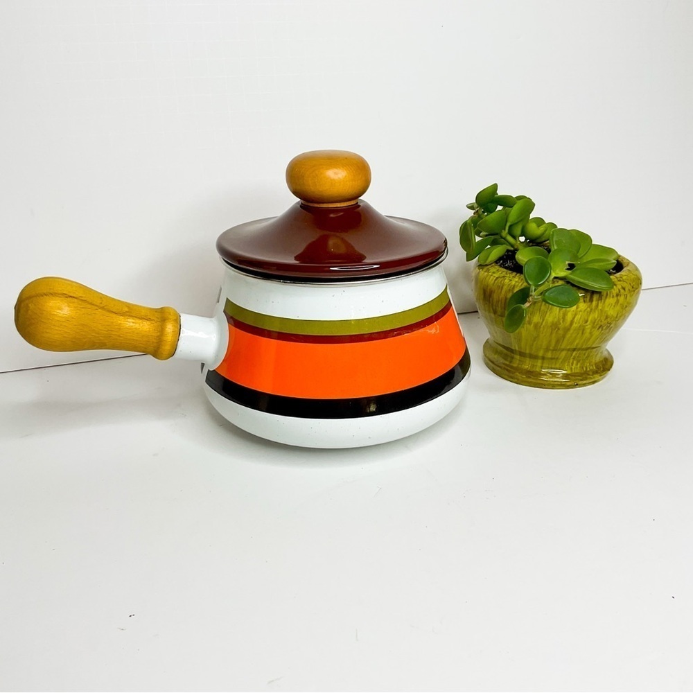 MCM Vintage Japanese Orange & Brown Striped Fondue With Wooden Handle